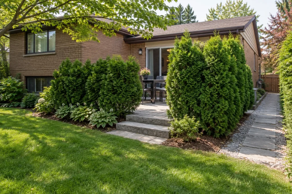 Patio sightline screened by shrubs while preserving circulation