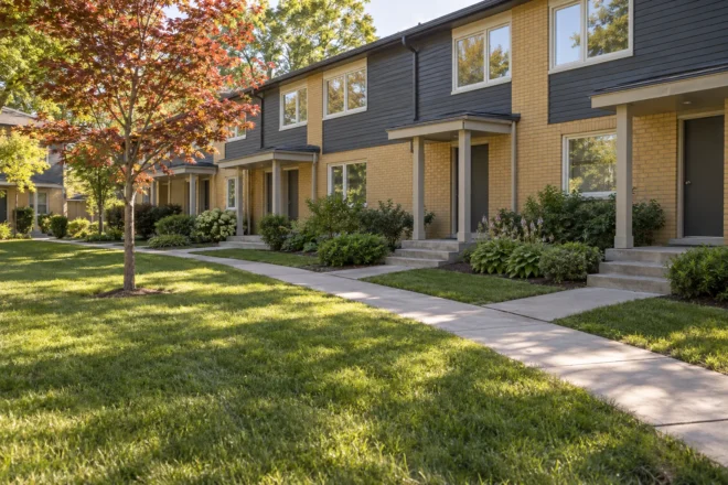 Townhouse common lawn and shared walkway bordered by manageable shrubs and perennial beds.