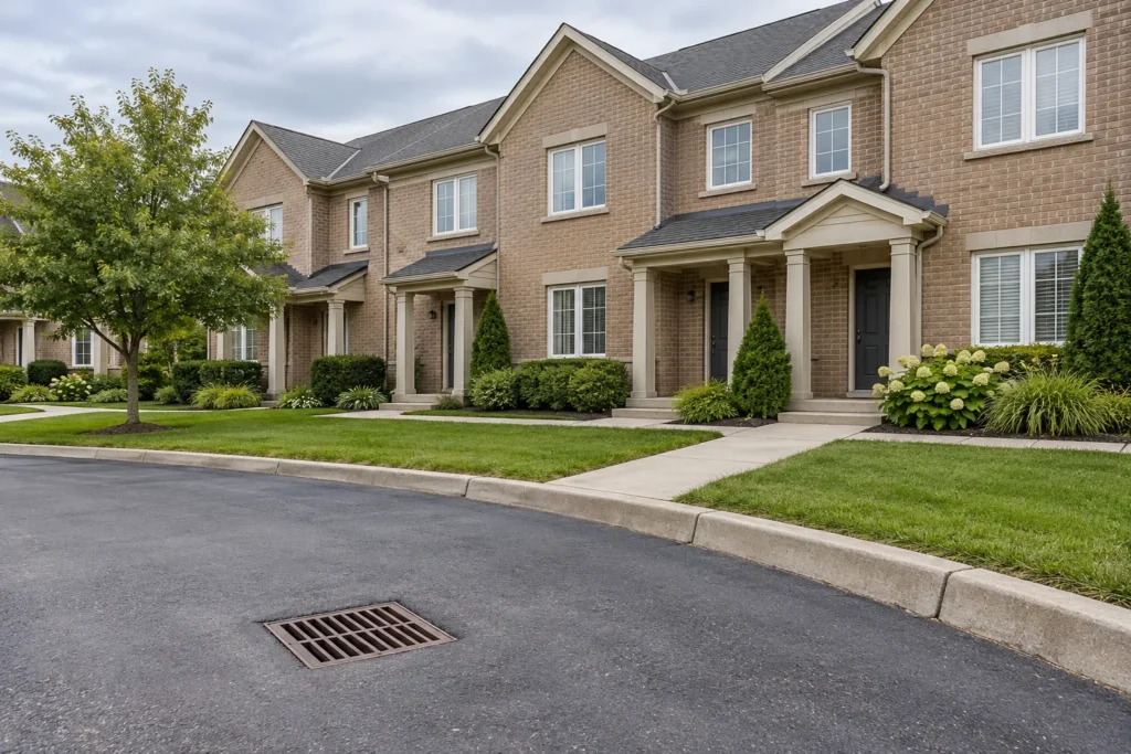 Clear drainage grate in a townhouse service lane beside maintained common lawns and entry walks.