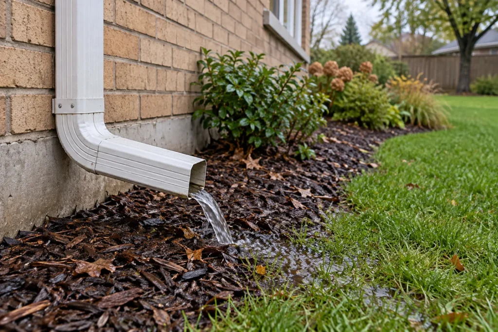 Roof downspout discharging into a wet mulched garden edge beside lawn