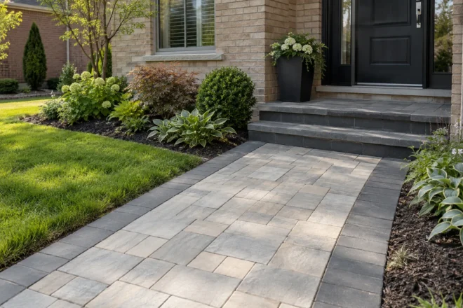 Small paver entrance with stable edge and coherent landing