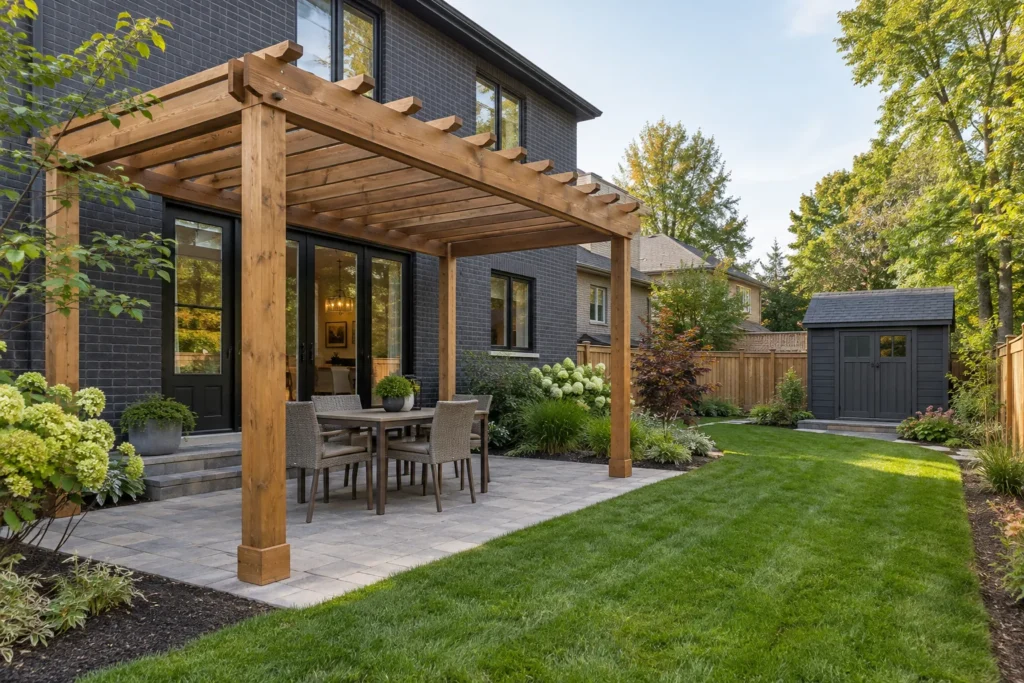 Timber pergola over a dining patio with lawn and a rear shed