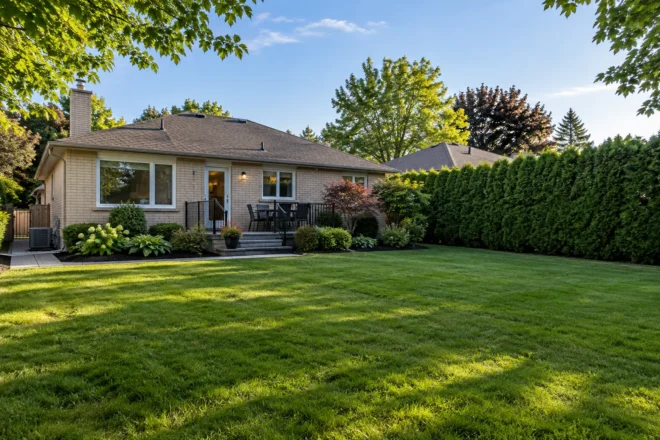 Back lawn with hedge set well away from the mowing edge