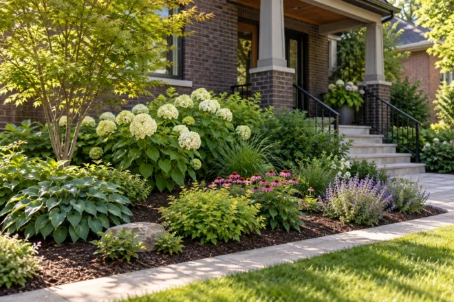 Layered flowering garden with visible mulch spaces beside a front path
