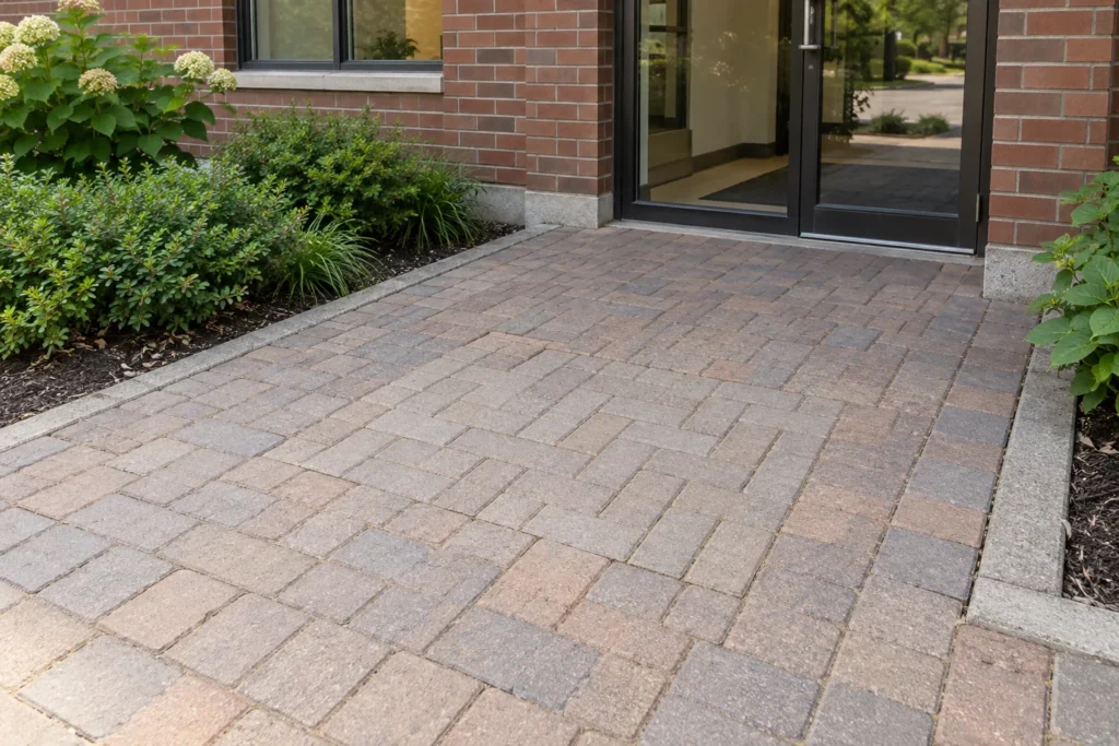 Reset interlock paving creates a flush approach to a small commercial entrance.