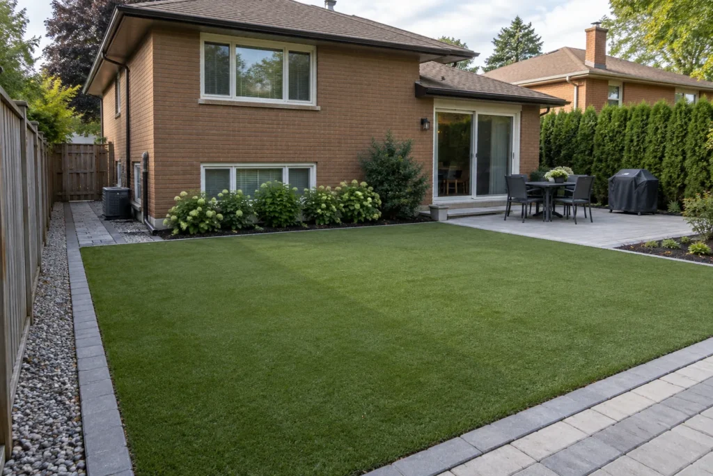Compact artificial-turf yard with paver edge and narrow gravel margin