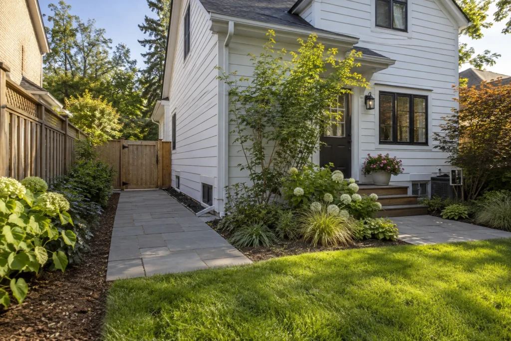 Wide clear side approach and timber gate beside a white-sided home