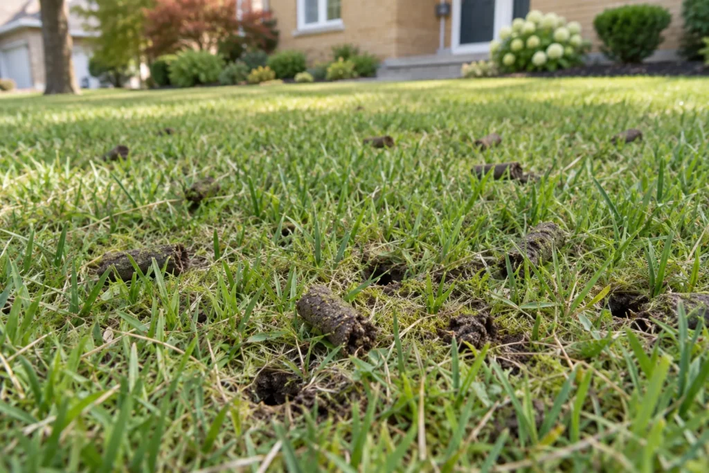 Core-aerated lawn showing small soil plugs and matching holes among grass blades