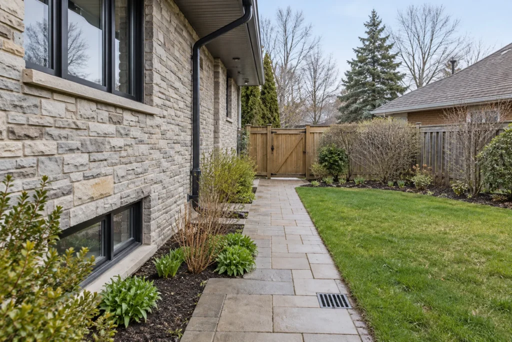 Clear spring side path with a surface grate leading to a rear gate