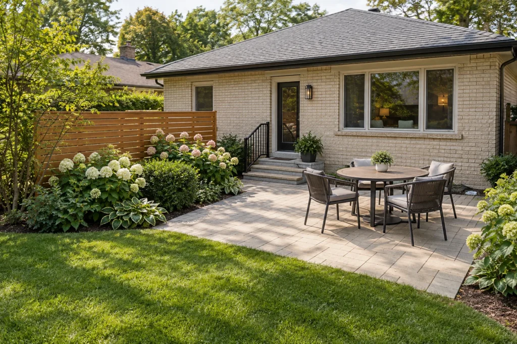 Patio dining area beside a cedar screen and layered shrubs with open door access