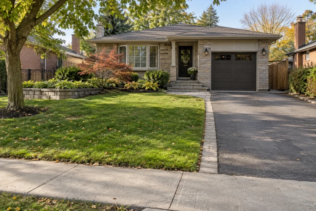 Narrow asphalt drive beside a bungalow lawn and single garage