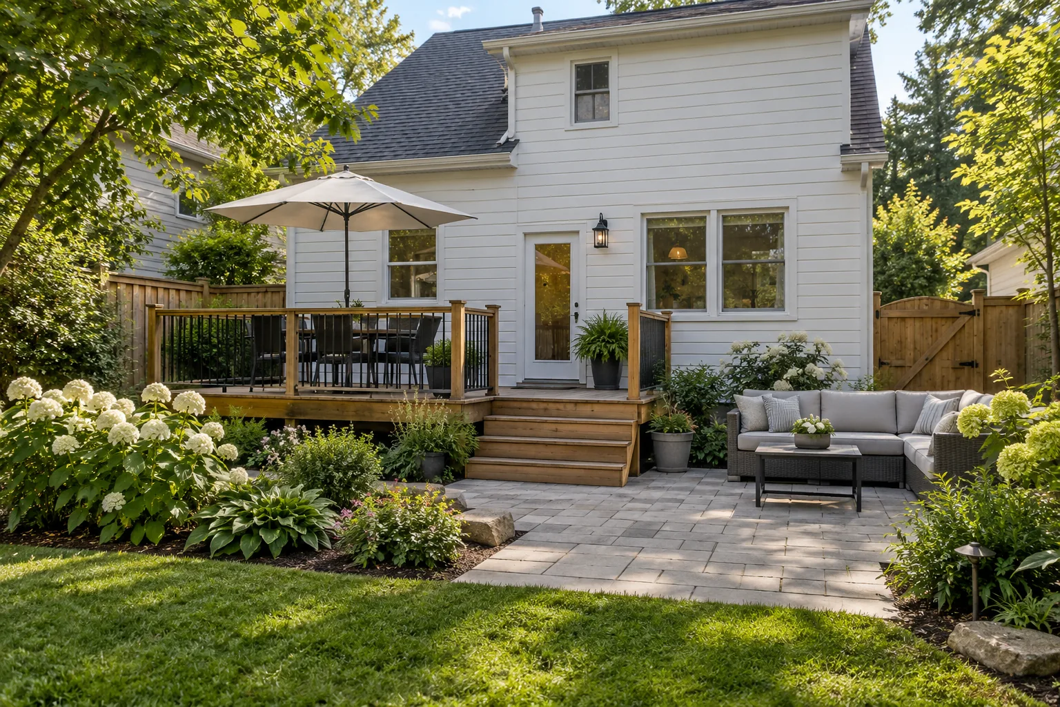 Wood deck and lower seating patio behind a white-sided house