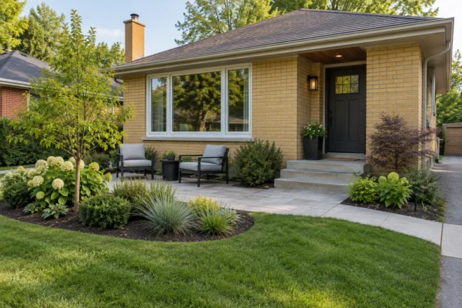 Modest patio surrounded by fewer larger planting beds