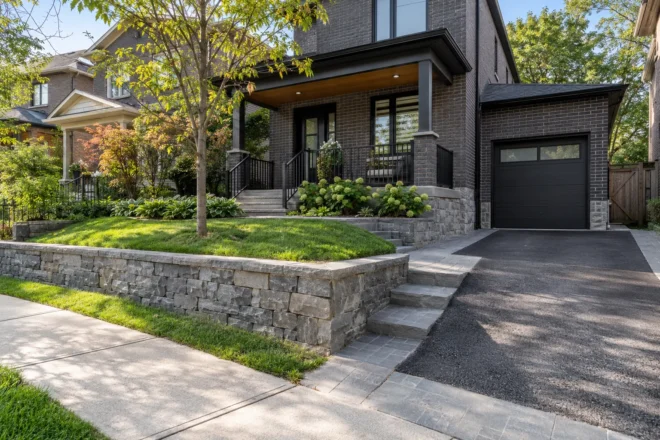 Natural-stone faced wall retaining a sloped front lawn beside a dark-brick home