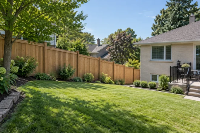 Board fence stepping gently down a sloped property