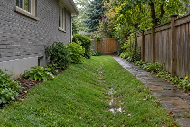 Clear shallow side-yard swale after light rain