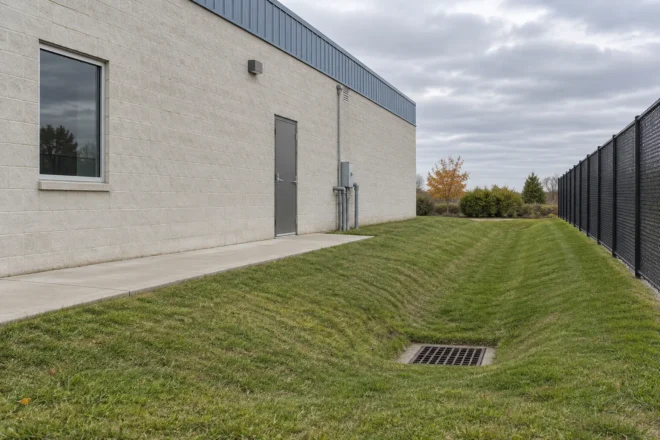 Maintained industrial side-yard grass swale with a clear drainage grate and separate service-door path.