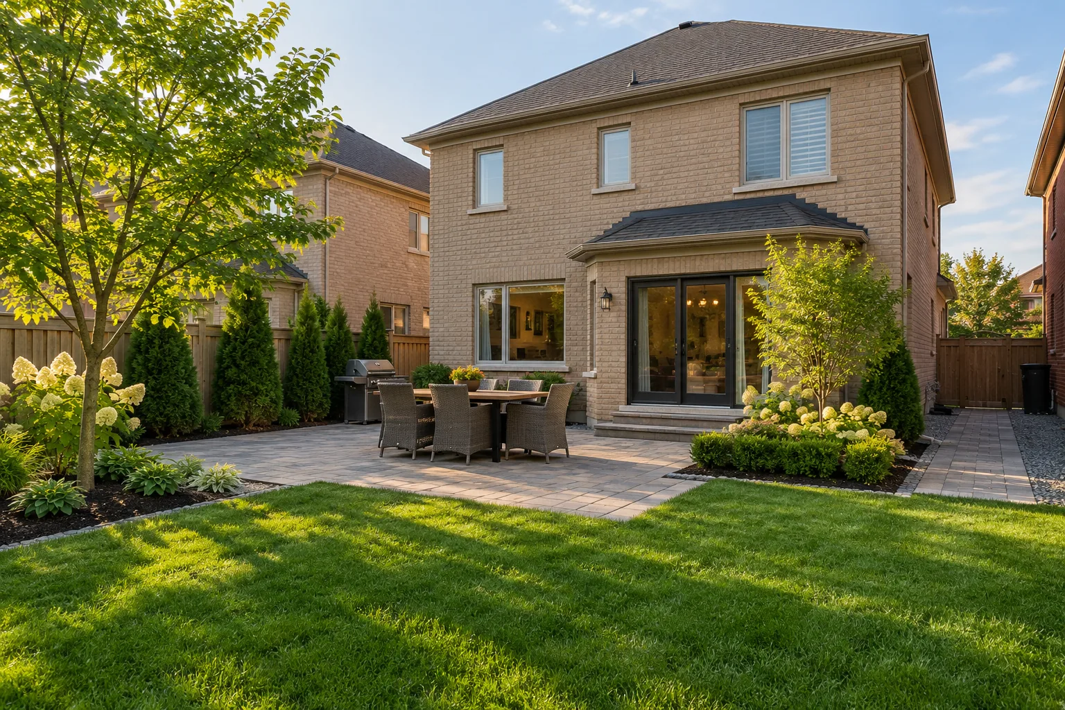 Backyard dining terrace, lawn and planted borders behind a beige-brick house