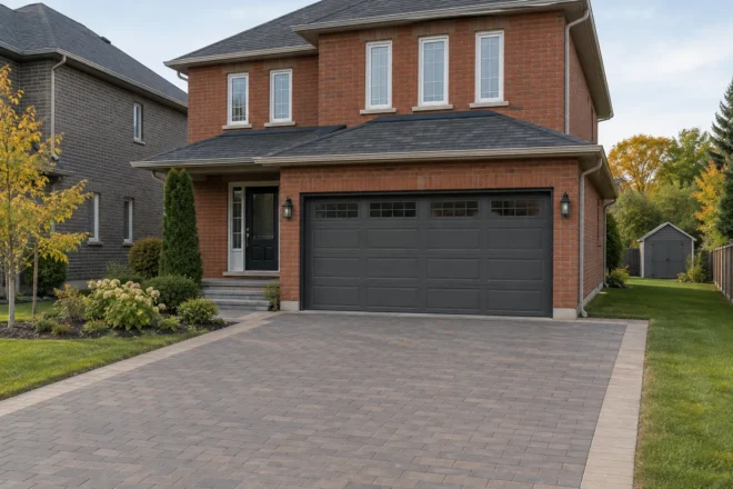 Subdued running-bond paver driveway at a red-brick two-storey frontage with a wide garage door