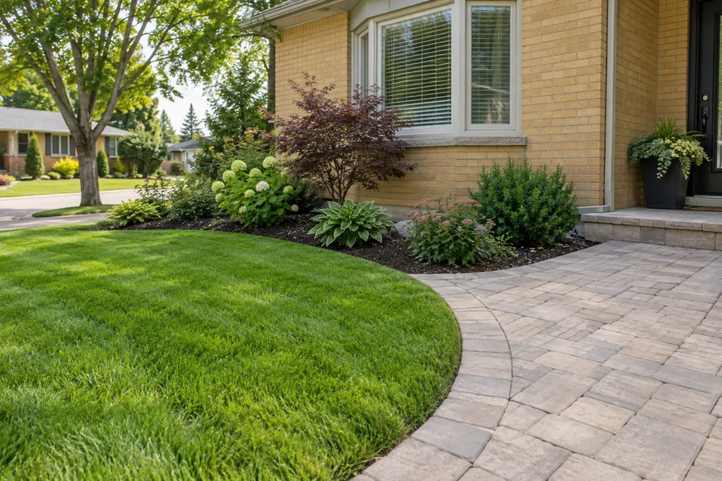 Defined lawn edge beside a curved paver walk and planting bed at a yellow-brick house