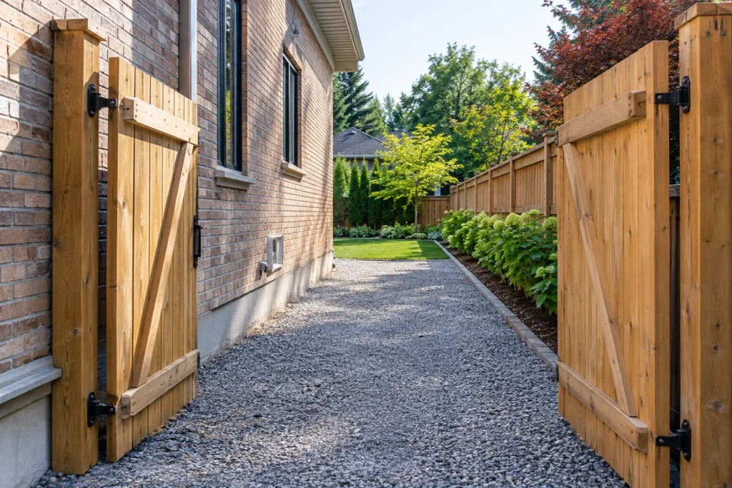 Open double timber gate and clear gravel access leading to a rear lawn
