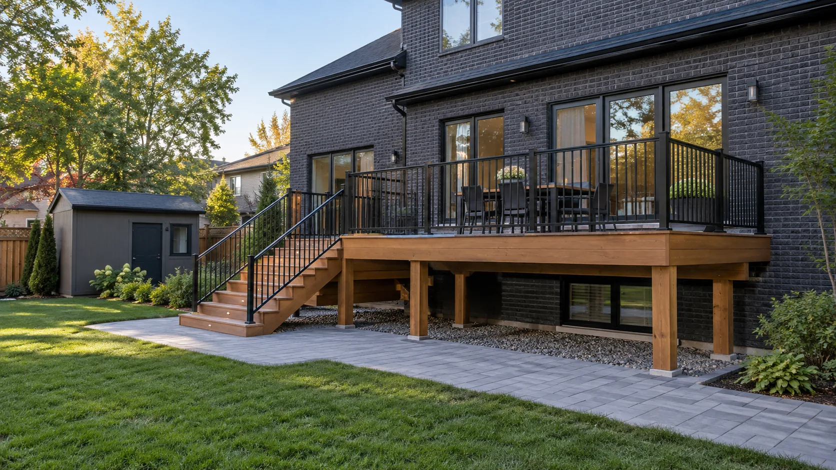 Substantial but ordinary residential deck with believable support, stairs and lawn connection