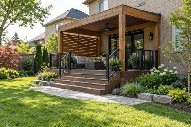 Shaded wood deck with restrained privacy screen