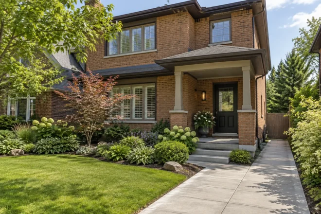 Maintained front garden beside an open porch approach
