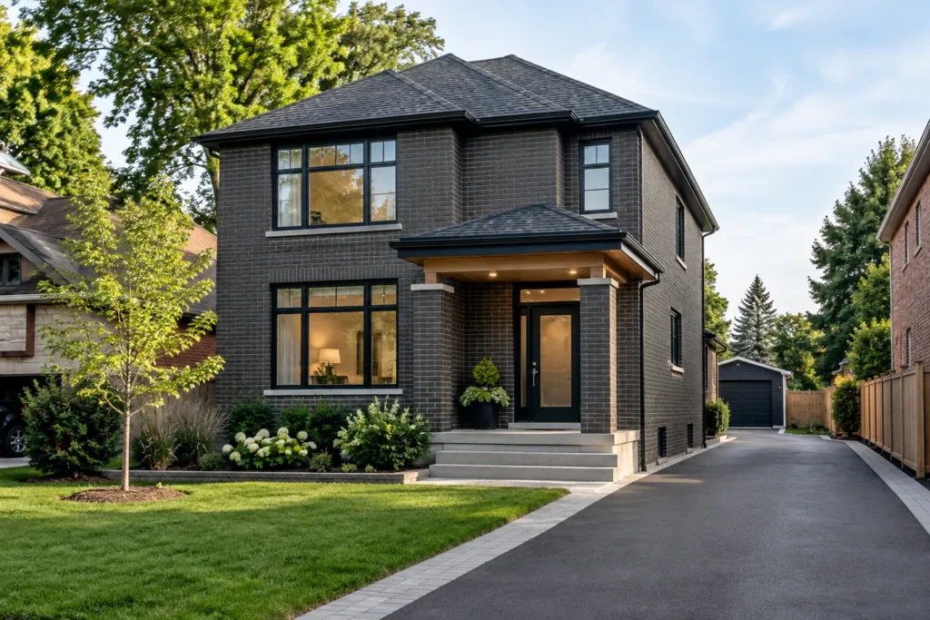 Clear driveway and front approach beside a charcoal-brick home