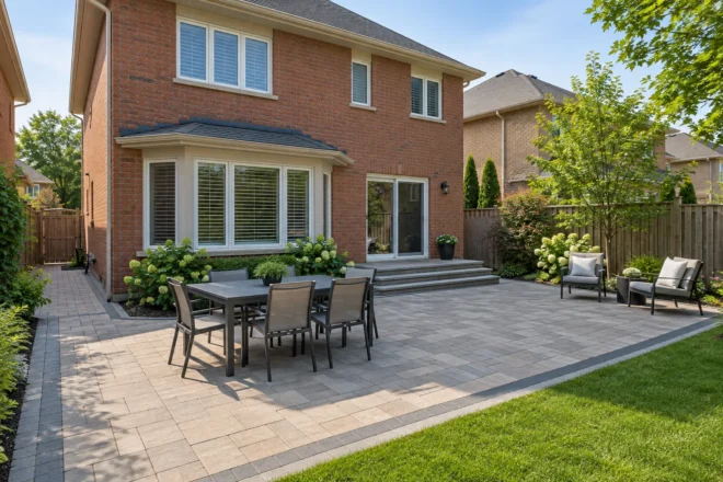 Family paver patio with dining and lounge seating and an open connection to lawn.