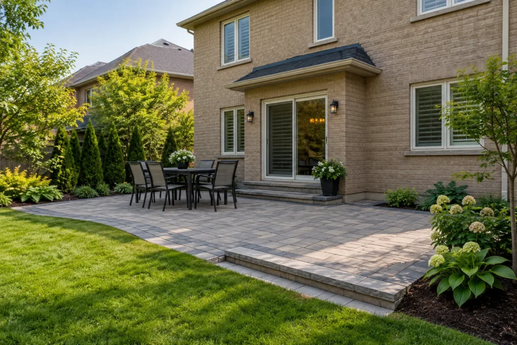 Paver terrace draining toward an appropriate lawn transition