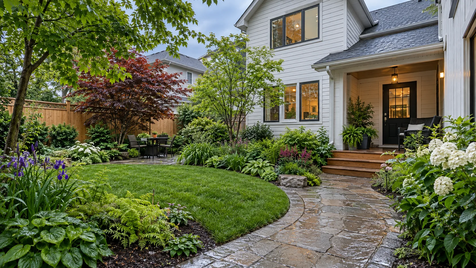 Layered garden and curved stone path beside a white-sided home