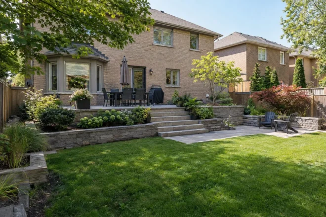 Two low stone terraces connecting a rear patio to a broad lawn with central garden steps