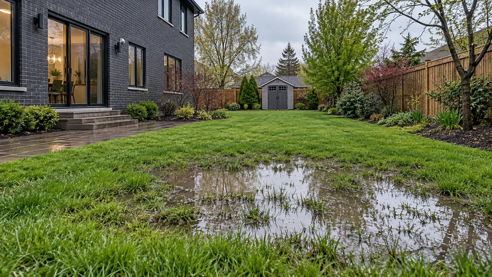 Localized standing water in a backyard lawn after rain