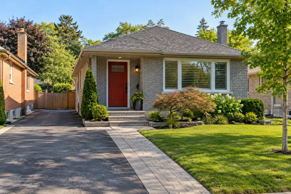 Grey-brick bungalow with an asphalt driveway, separate paver walk and low front planting