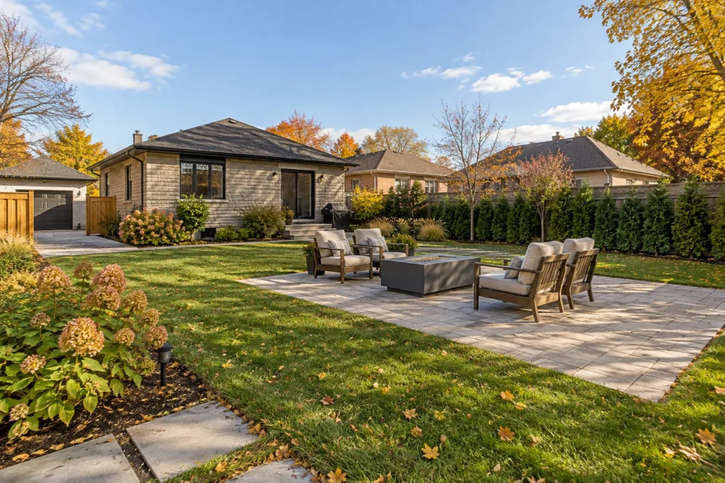 Open backyard lounge with an unlit gas table, four chairs and lawn beside a stone bungalow.