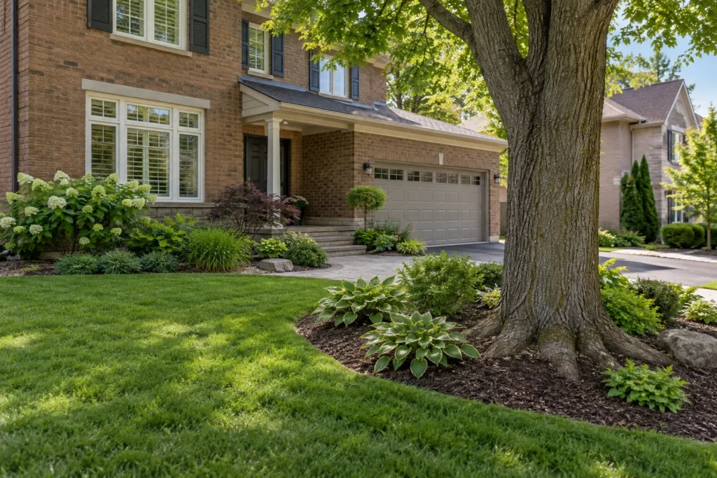 Planting and lawn near trunk with flare unburied