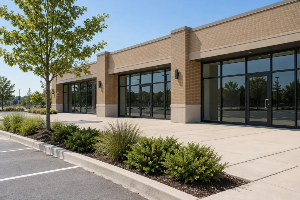 Retail plaza walkway and low planting beds separating shop entrances from parking.