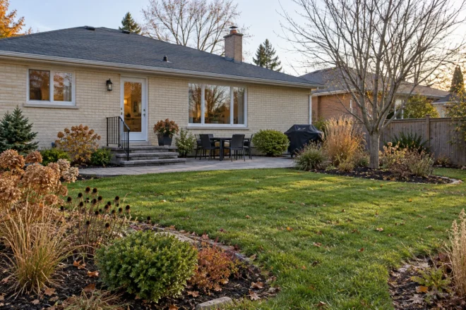 Back garden with cleared lawn, retained seed heads and ornamental grasses beside a cream-brick bungalow.