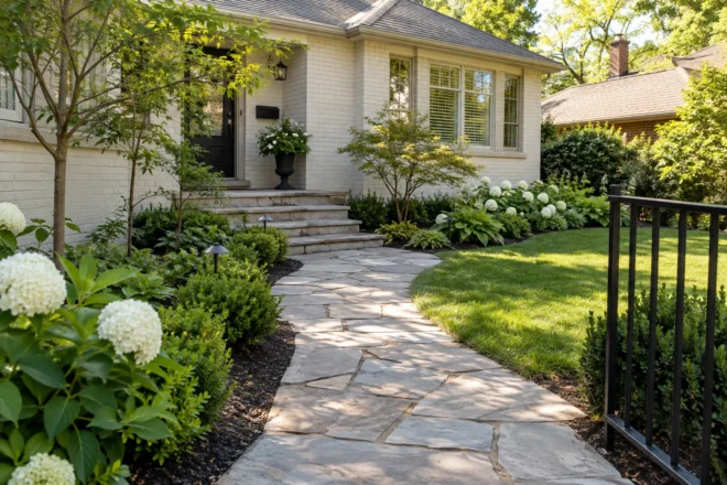 Flagstone garden path leading to a cream-brick bungalow