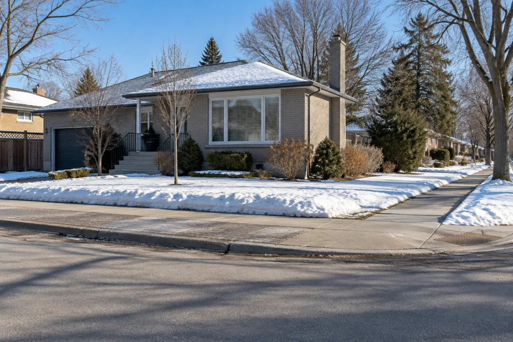 Low snowbank on a corner lawn beside a clear sidewalk and street approach