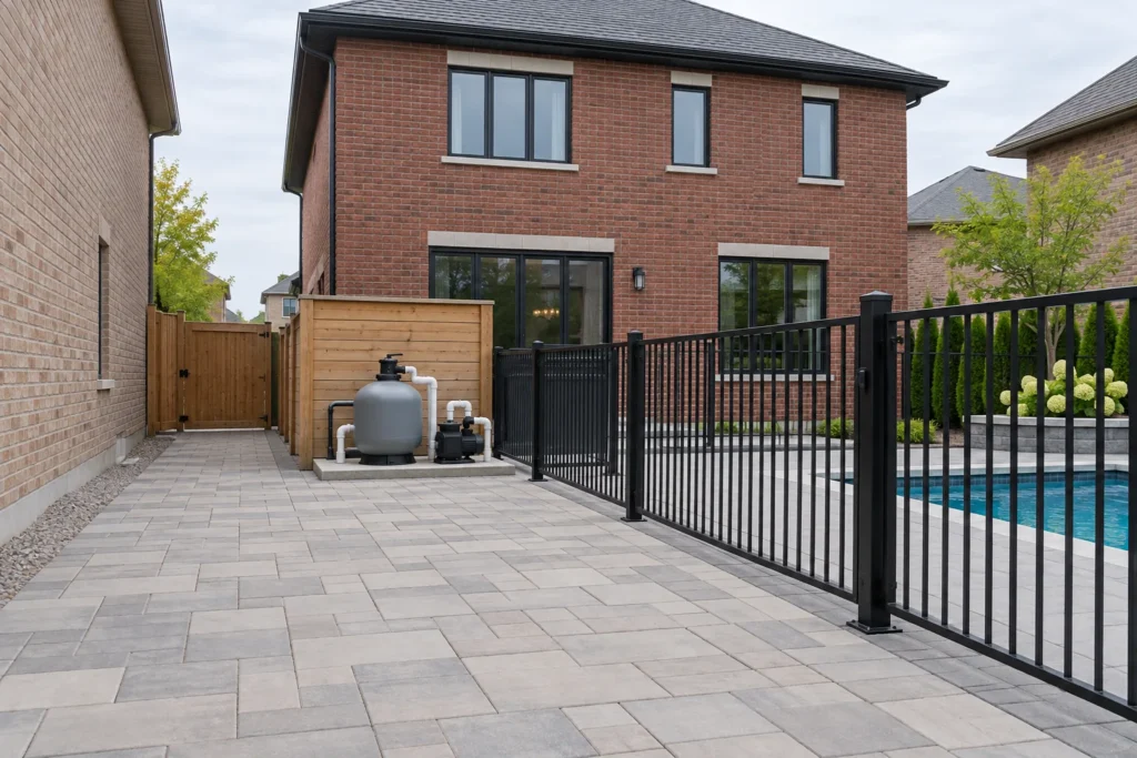 Pool equipment on a concrete pad beside a broad unobstructed paved access route