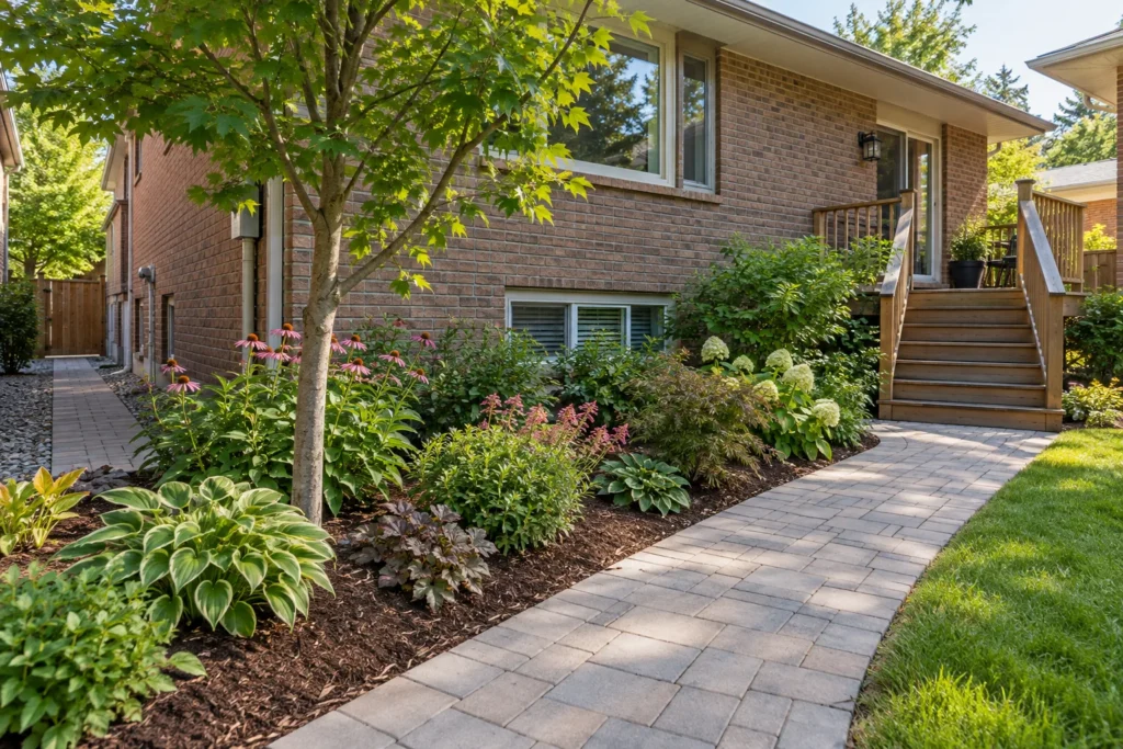 Mulched perennial bed beside a practical paver path and rear steps
