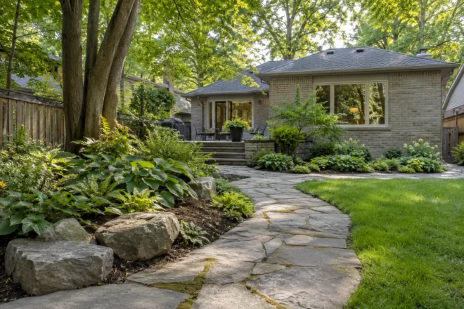 Shaded garden with woodland planting and a natural stone walk