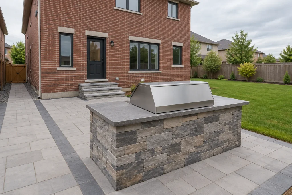 Compact grill station with preparation counters and clear paving around both ends