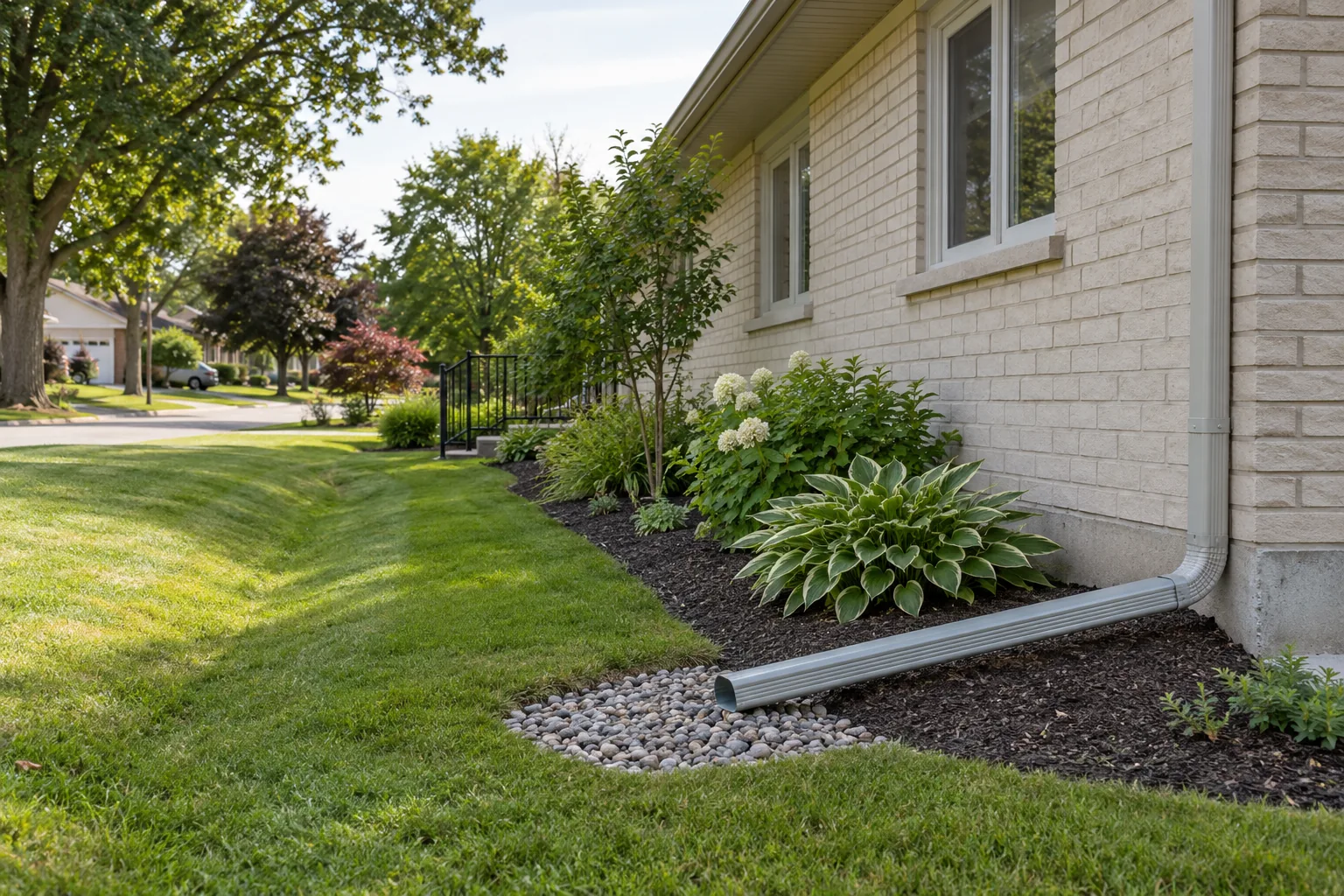 Residential side-yard grass route beside a house