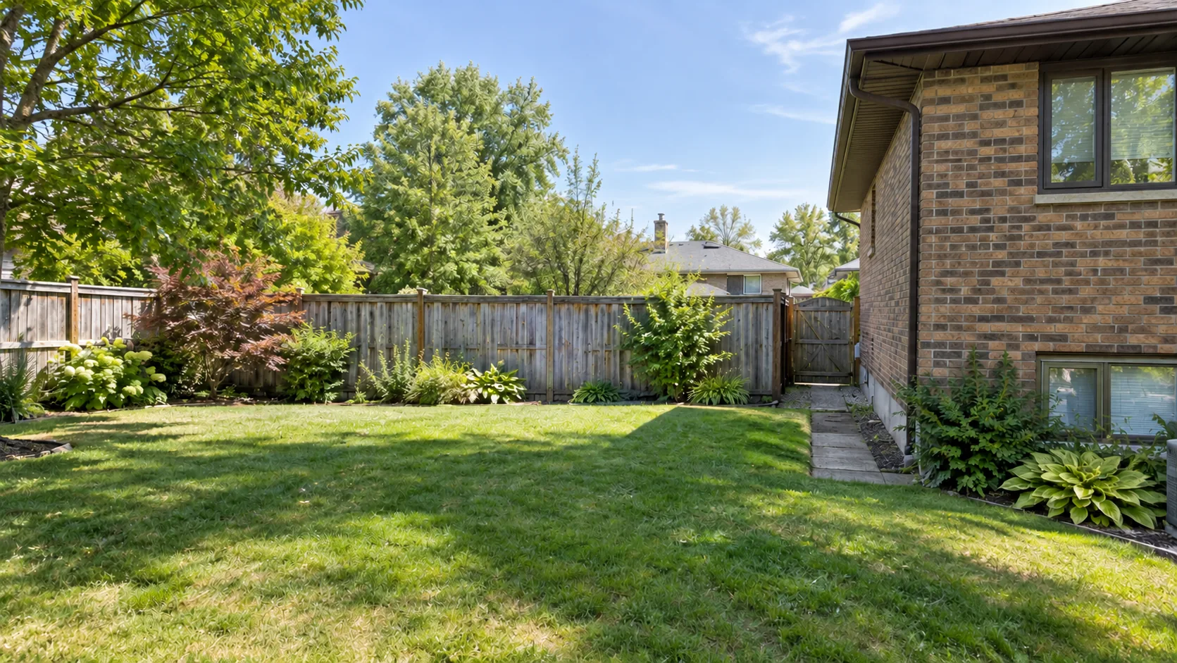 Rear lawn and existing wooden boundary fence with a clear side access gate