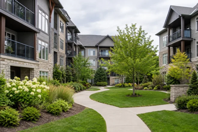 Condo courtyard with tidy beds and durable walk
