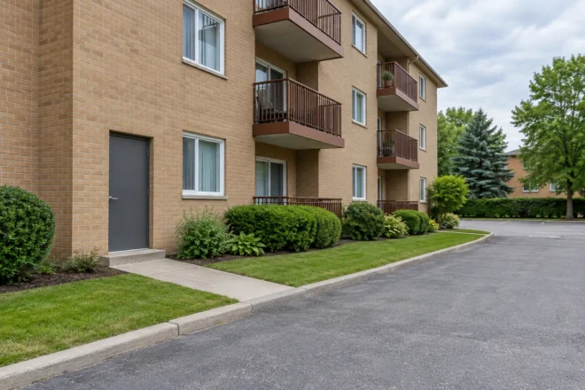 Maintained apartment side lawn and planting beside an open service lane and plain service-door path.