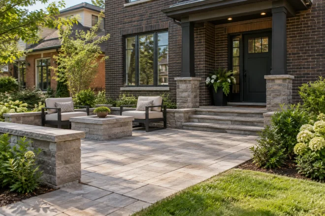Stone seating terrace with low walls at a dark-brick home